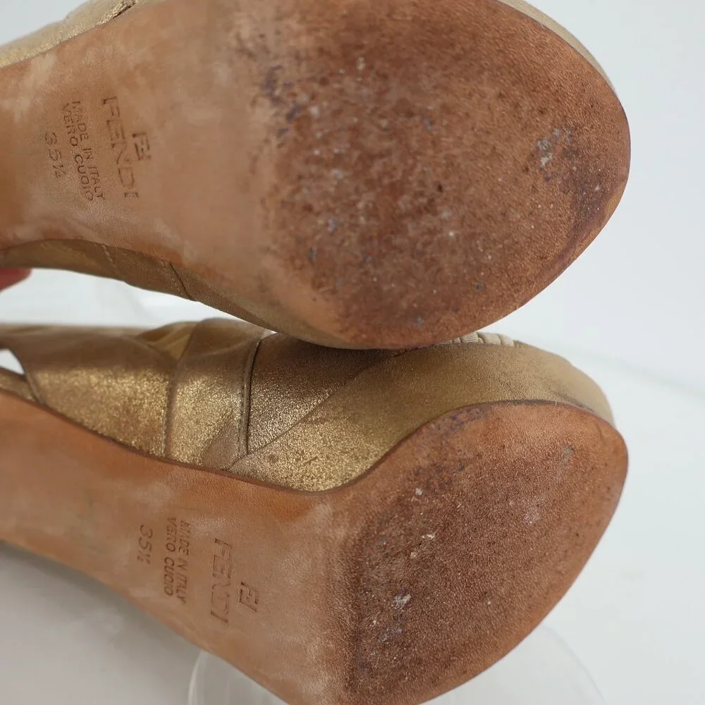 Fendi Heels Women's Size 5.5 Gold Metallic Leather Fabric Platform - Picture 12 of 13